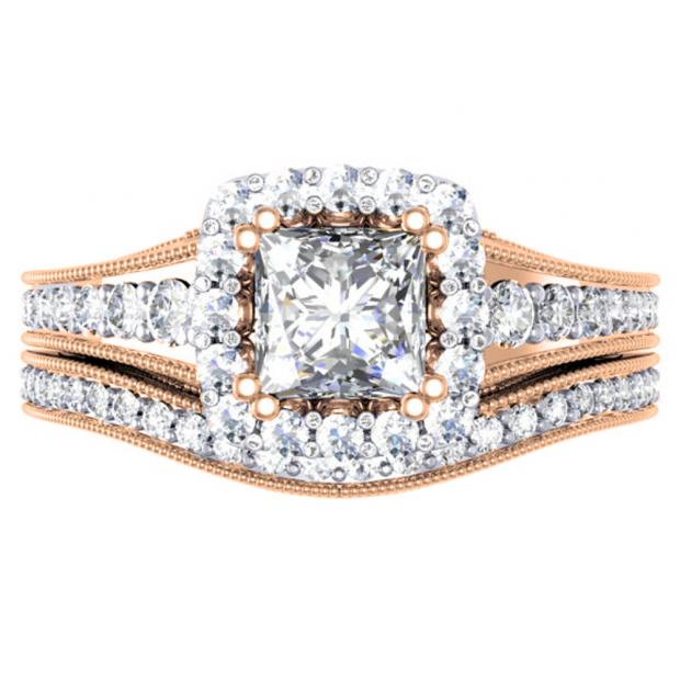 1.50 Carat (ctw) 10K Rose Gold Princess & Round Diamond Ladies Halo Bridal Engagement Ring Set 1 1/2 CT