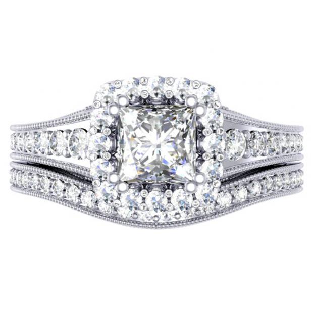 1.50 Carat (ctw) 14K White Gold Princess & Round Diamond Ladies Halo Bridal Engagement Ring Set 1 1/2 CT