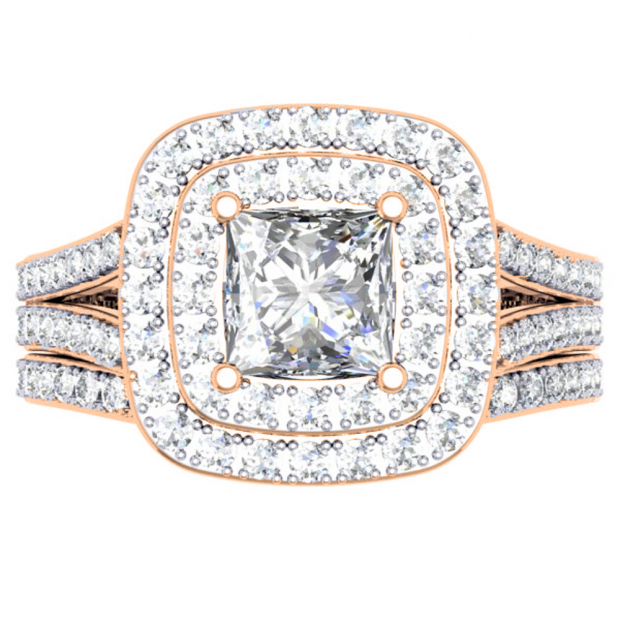 1.70 Carat (ctw) 10K Rose Gold Princess & Round Cut Diamond Ladies Split Shank Halo Bridal Engagement Ring With Matching Band Set