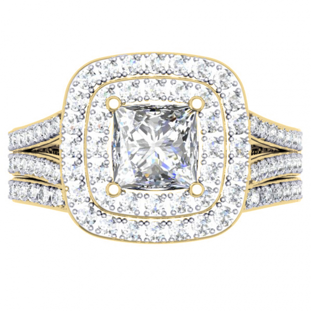 1.70 Carat (ctw) 18K Yellow Gold Princess & Round Cut Diamond Ladies Split Shank Halo Bridal Engagement Ring With Matching Band Set