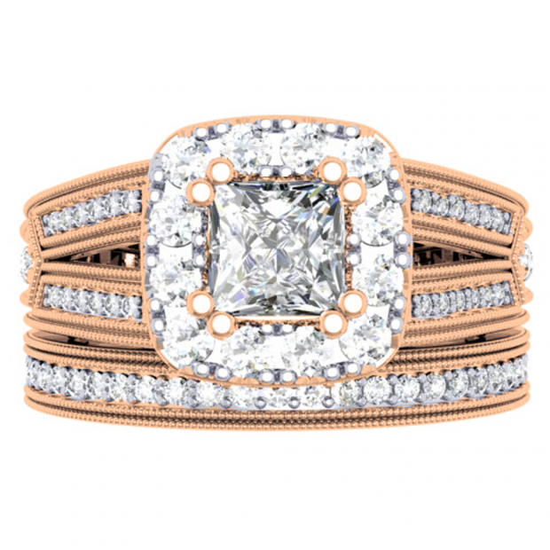 1.50 Carat (ctw) 10K Rose Gold Princess & Round Cut Diamond Ladies Split Shank Halo Style Bridal Engagement Ring With Matching Band Set 1 1/2 CT