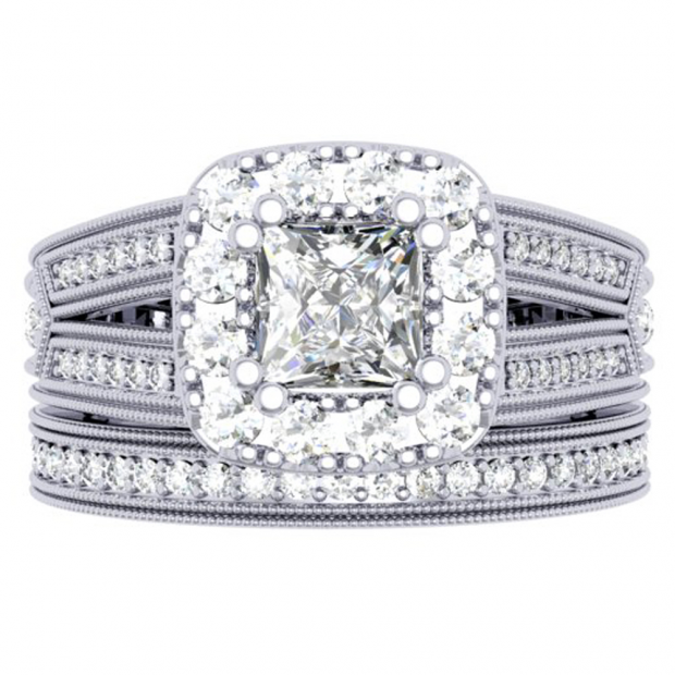1.50 Carat (ctw) 10K White Gold Princess & Round Cut Diamond Ladies Split Shank Halo Style Bridal Engagement Ring With Matching Band Set 1 1/2 CT