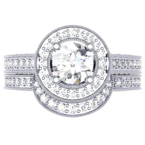 2.00 Carat (ctw) 14K White Gold Round Diamond Ladies Halo Style Bridal Engagement Ring Set With Matching Band 2 CT