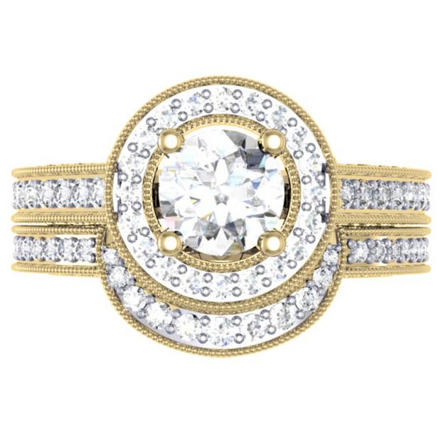 2.00 Carat (ctw) 14K Yellow Gold Round Diamond Ladies Halo Style Bridal Engagement Ring Set With Matching Band 2 CT
