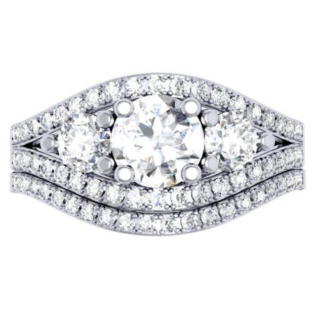 1.75 Carat (ctw) 10K White Gold Round Diamond Ladies 3 Stone Bridal Engagement Ring Set 1 3/4 CT