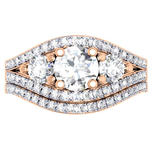 1.75 Carat (ctw) 14K Rose Gold Round Diamond Ladies 3 Stone Bridal Engagement Ring Set 1 3/4 CT