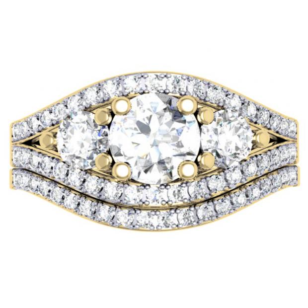 1.75 Carat (ctw) 14K Yellow Gold Round Diamond Ladies 3 Stone Bridal Engagement Ring Set 1 3/4 CT