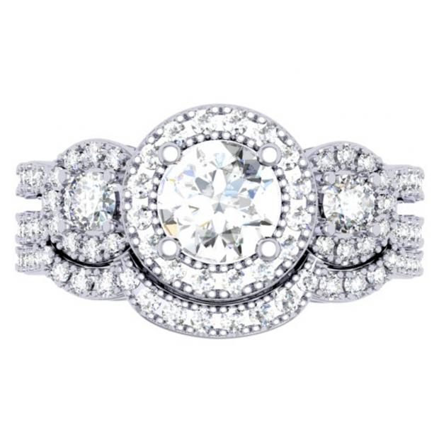 1.50 Carat (ctw) 10K White Gold Round Diamond Ladies 3 Stone Split Shank Halo Style Bridal Engagement Ring With Matching Band 1 1/2 CT