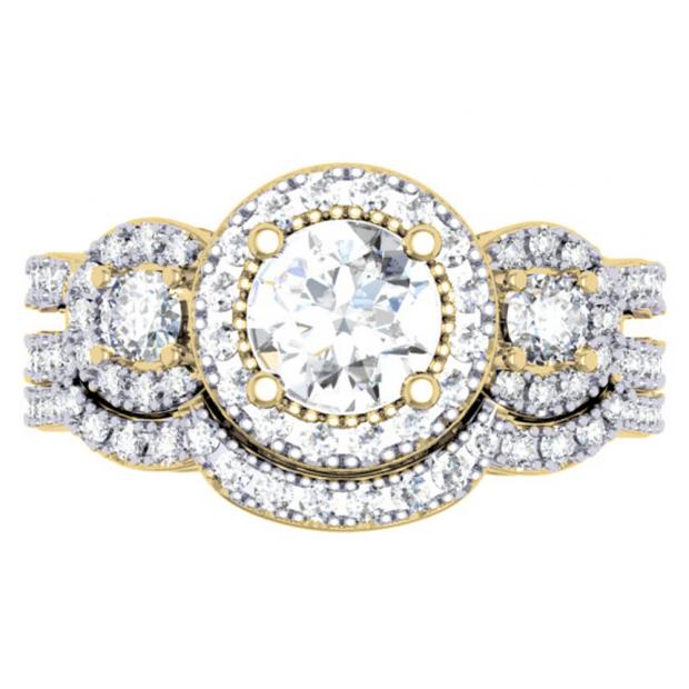 1.50 Carat (ctw) 10K Yellow Gold Round Diamond Ladies 3 Stone Split Shank Halo Style Bridal Engagement Ring With Matching Band 1 1/2 CT