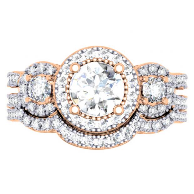 1.50 Carat (ctw) 14K Rose Gold Round Diamond Ladies 3 Stone Split Shank Halo Style Bridal Engagement Ring With Matching Band 1 1/2 CT