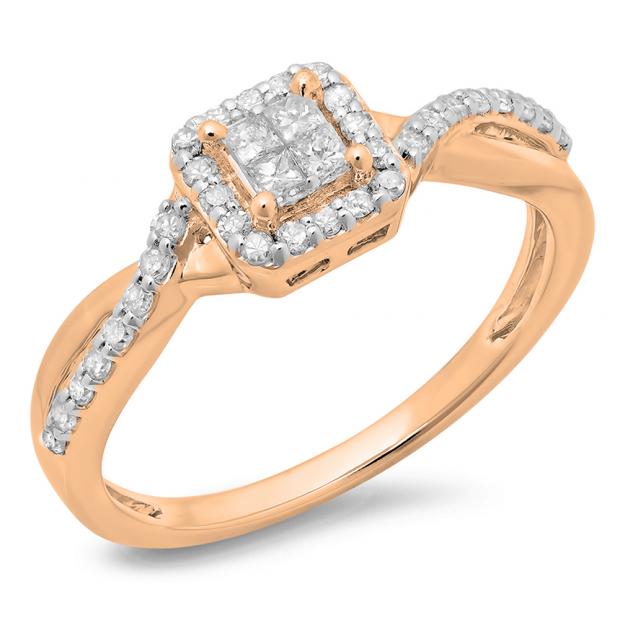 0.40 Carat (ctw) 10K Rose Gold Princess & Round Cut Diamond Ladies Swirl Bridal Engagement Ring