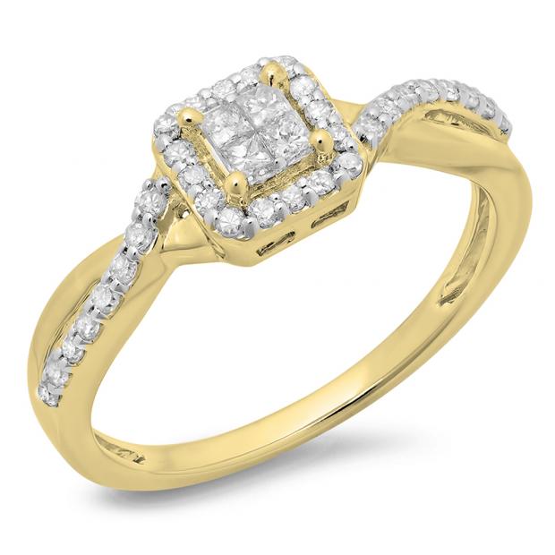 0.40 Carat (ctw) 10K Yellow Gold Princess & Round Cut Diamond Ladies Swirl Bridal Engagement Ring