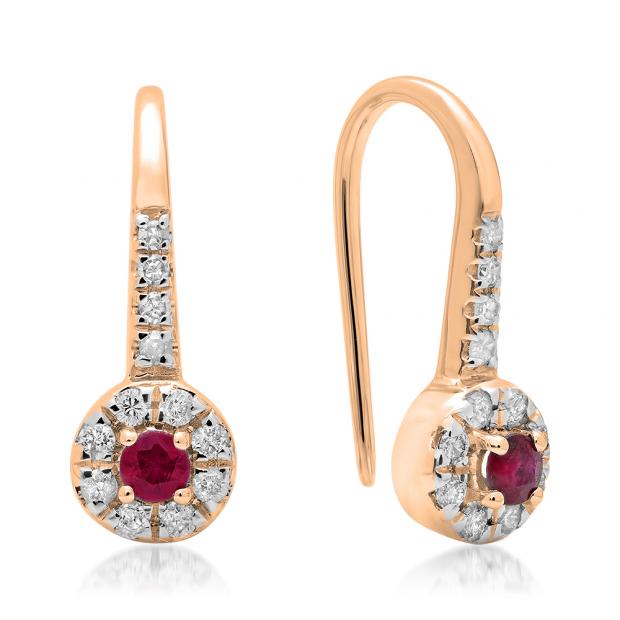 0.45 Carat (ctw) 14K Rose Gold Round Red Ruby & White Diamond Ladies Halo Style Dangling Drop Earrings 1/2 CT