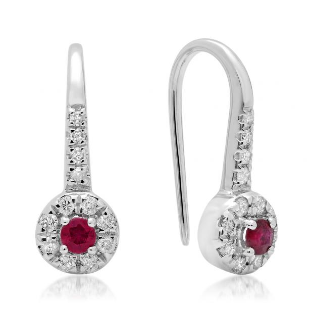 0.45 Carat (ctw) 18K White Gold Round Red Ruby & White Diamond Ladies Halo Style Dangling Drop Earrings 1/2 CT