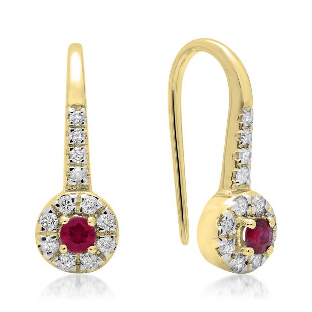 0.45 Carat (ctw) 18K Yellow Gold Round Red Ruby & White Diamond Ladies Halo Style Dangling Drop Earrings 1/2 CT