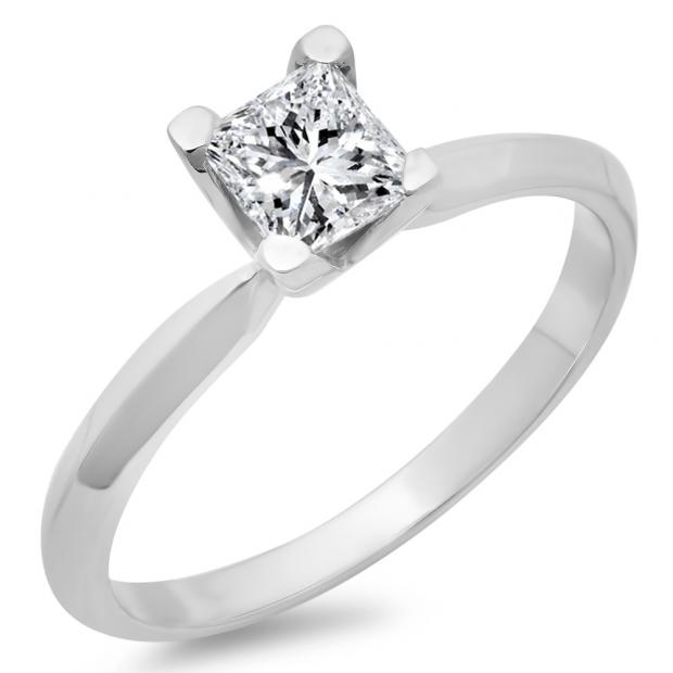 IGI CERTIFIED 0.50 Carat (ctw) 14K White Gold Princess Cut Diamond Ladies Bridal Solitaire Engagement Ring 1/2 CT
