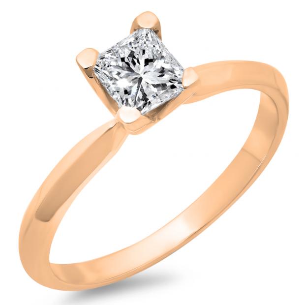 0.65 Carat (ctw) 14K Rose Gold Princess Cut Diamond Ladies Bridal Solitaire Engagement Ring