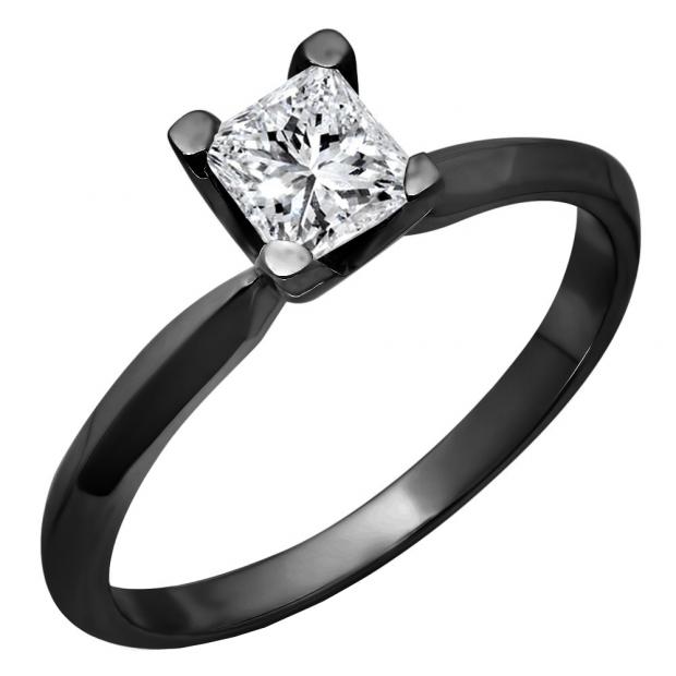 0.65 Carat (ctw) Black Rhodium Plated 18K White Gold Princess Cut Diamond Solitaire Engagement Ring