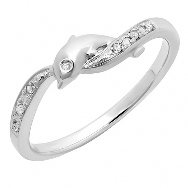 0.05 Carat (ctw) 14K White Gold Round Cut Diamond Ladies Right Hand Dolphin Ring