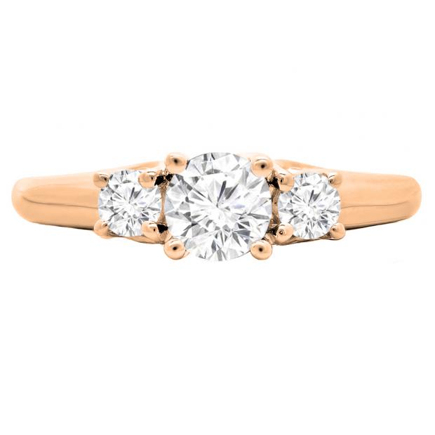 1.00 Carat (ctw) 14K Rose Gold Round Cut Diamond Ladies 3 Stone Bridal Engagement Ring 1 CT