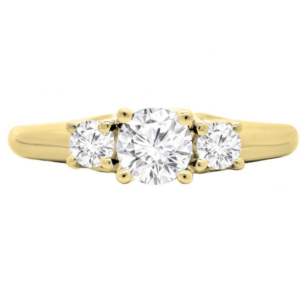 1.00 Carat (ctw) 14K Yellow Gold Round Cut Diamond Ladies 3 Stone Bridal Engagement Ring 1 CT