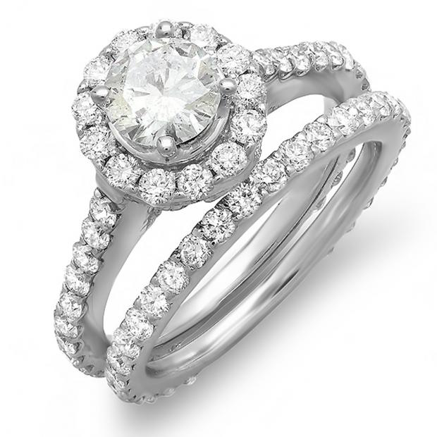 1.75 Carat (ctw) 10K White Gold Round Cut Diamond Ladies Halo Style Bridal Engagement Ring Matching Band Set 1 3/4 CT