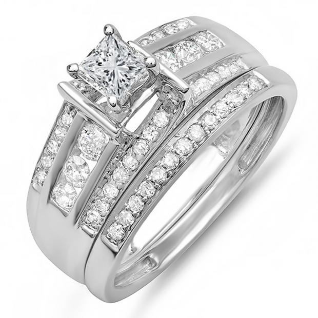 1.00 Carat (ctw) 10k White Gold Princess & Round Diamond Ladies Bridal Ring Set Matching Band