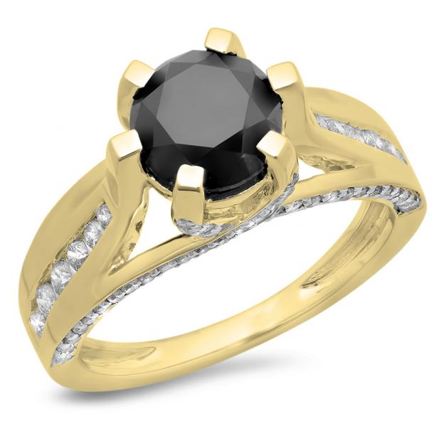 2.80 Carat (ctw) 14K Yellow Gold Round Cut Black & White Diamond Ladies Solitaire With Accents Bridal Engagement Ring