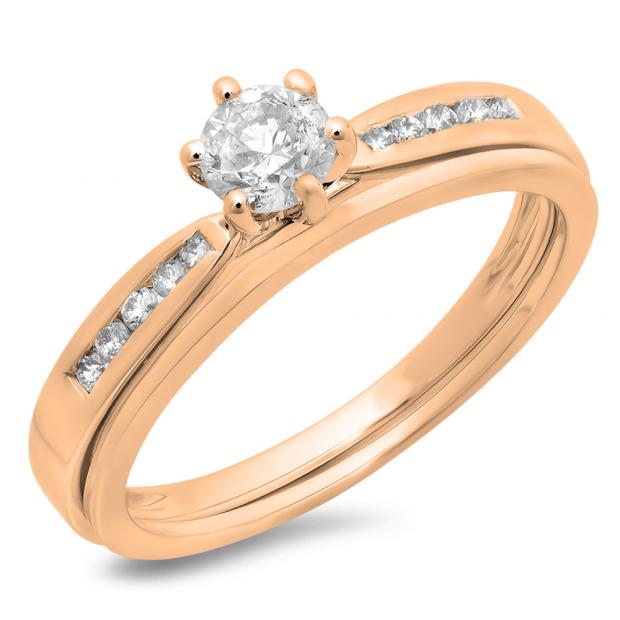 0.50 Carat (ctw) 10K Rose Gold Round Cut Diamond Ladies Bridal Engagement Ring With Matching Band Set 1/2 CT