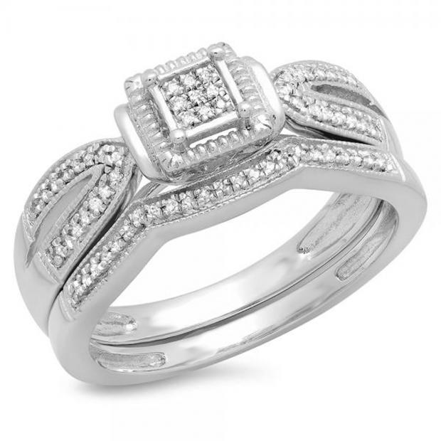 0.27 Carat (ctw) Sterling Silver Round Cut Diamond Ladies Bridal Split Shank Engagement Ring With Matching Band Set 1/4 CT