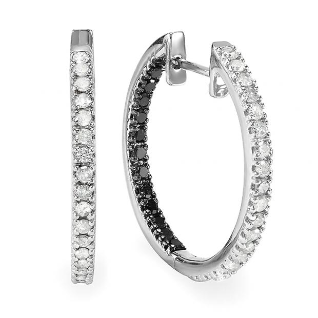 1.00 Carat (ctw) Sterling Silver Black and White Round Diamond Ladies Hoop Earrings 1 CT