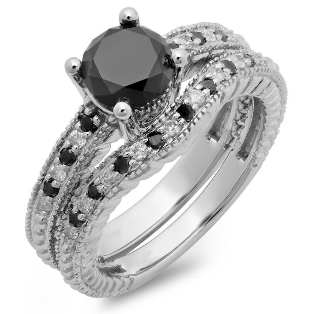 1.75 Carat (ctw) 10K White Gold Round Cut Black & White Diamond Ladies Bridal Engagement Ring With Matching Band Set 1 3/4 CT