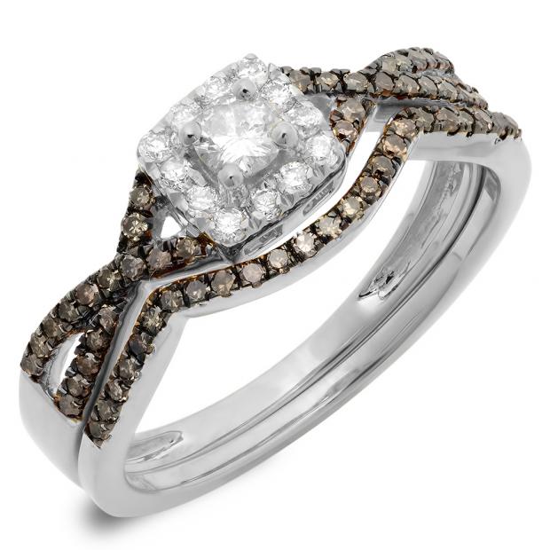 0.60 Carat (ctw) 10K White Gold Round Cut Champagne & White Diamond Ladies Swirl Split Shank Bridal Halo Engagement Ring With Matching Band Set