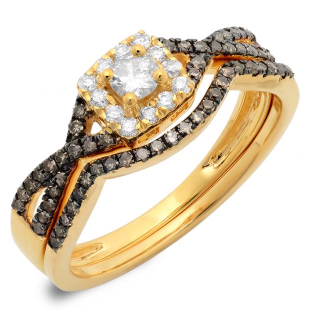 0.60 Carat (ctw) 10K Yellow Gold Round Cut Champagne & White Diamond Ladies Swirl Split Shank Bridal Halo Engagement Ring With Matching Band Set