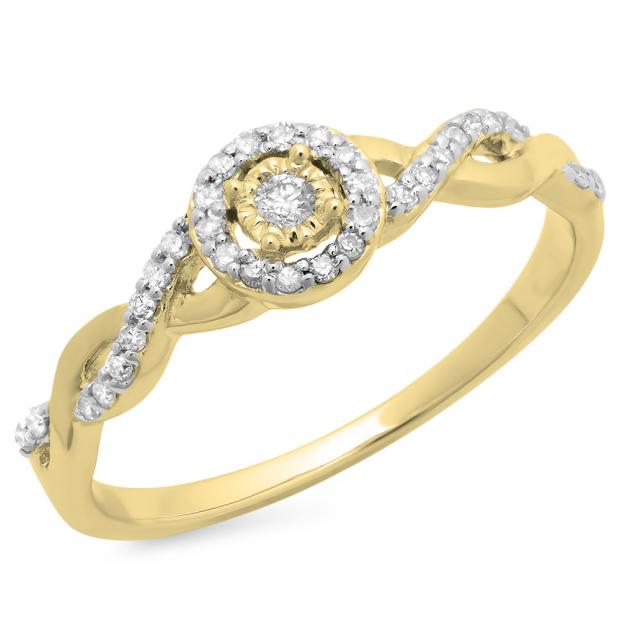 0.20 Carat (ctw) 14K Yellow Gold Round Diamond Ladies Bridal Halo Style Swirl Split Shank Promise Ring 1/5 CT