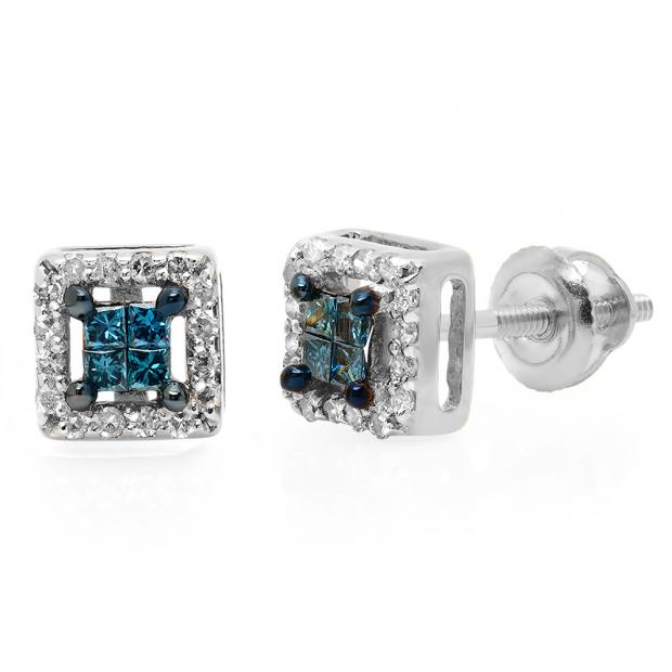 0.30 Carat (ctw) 10K White Gold Princess & Round Blue & White Diamond Ladies Square Shape Invisible Set Stud Earrings 1/3 CT