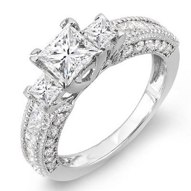2.25 Carat (ctw) 14K White Gold Princess & Round Diamond Ladies 3 stone Bridal Engagement Ring