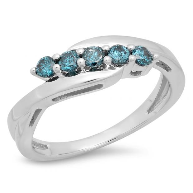 0.35 Carat (ctw) 925 Sterling Silver Round Blue Diamond Bridal Bypass Five Stone Split Shank Engagement Wedding Band 1/3 CT