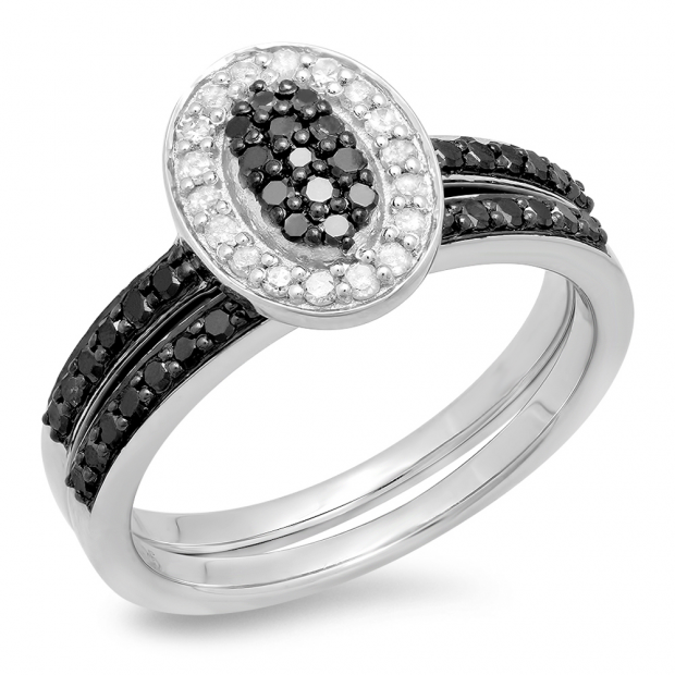 0.55 Carat (ctw) 925 Sterling Silver Round Black & White Diamond Ladies Oval Bridal Promise Engagement Ring Set With Matching Band 1/2 CT