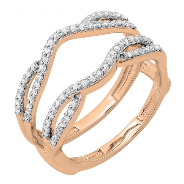 0.35 Carat (ctw) 18K Rose Gold Round Cut White Diamond Ladies Anniversary Wedding Band Split Shank Enhancer Guard Double Ring 1/3 CT