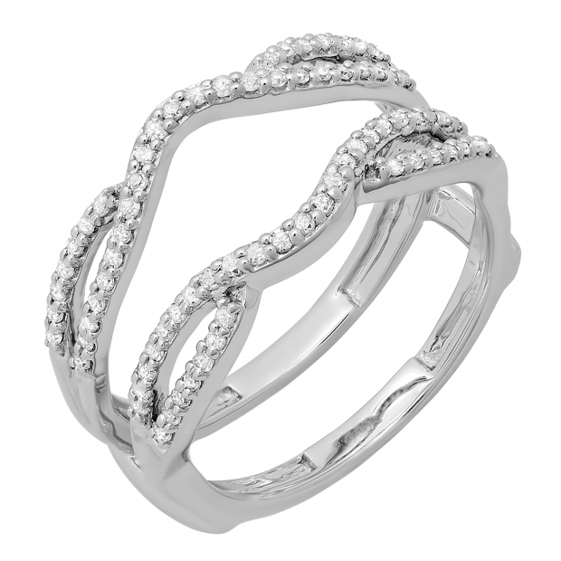 0.35 Carat (ctw) 18K White Gold Round Cut White Diamond Ladies Anniversary Wedding Band Split Shank Enhancer Guard Double Ring 1/3 CT