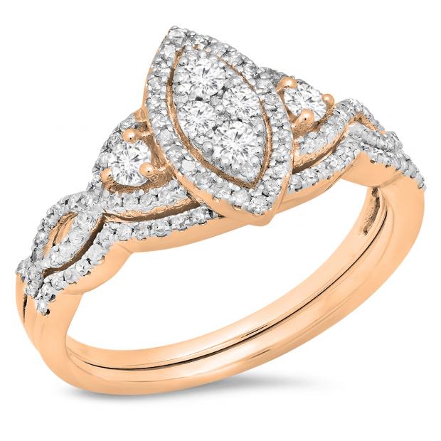 0.55 Carat (ctw) 10K Rose Gold Round Diamond Ladies Bridal Split Shank Marquise Shaped Engagement Ring Matching Band Wedding Set 1/2 CT
