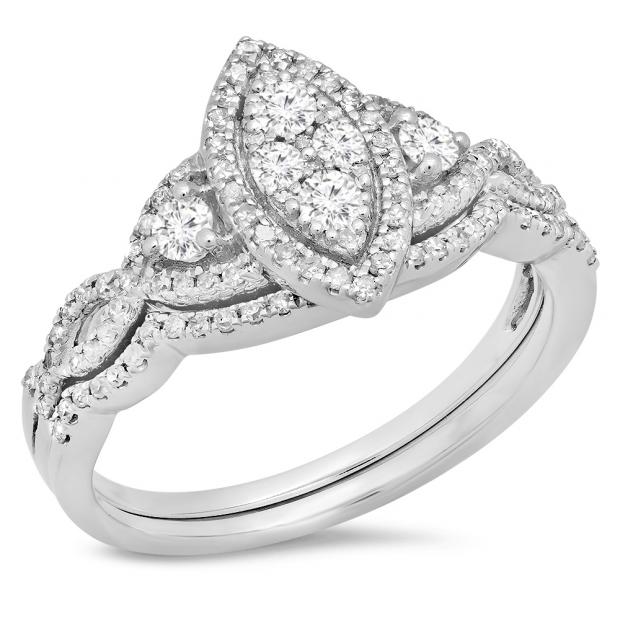 0.55 Carat (ctw) 10K White Gold Round Diamond Ladies Bridal Split Shank Marquise Shaped Engagement Ring Matching Band Wedding Set 1/2 CT