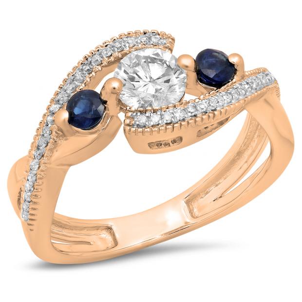 1.00 Carat (ctw) 10K Rose Gold Round Blue Sapphire & White Diamond Ladies Swirl Split Shank Bypass Engagement 3 Stone Bridal Ring 1 CT