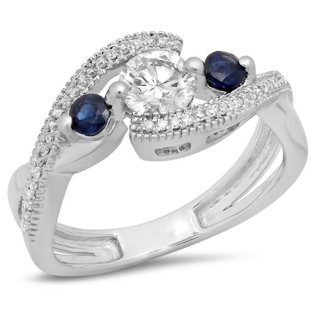 1.00 Carat (ctw) 10K White Gold Round Blue Sapphire & White Diamond Ladies Swirl Split Shank Bypass Engagement 3 Stone Bridal Ring 1 CT