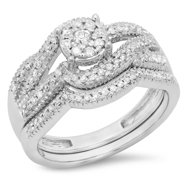 0.50 Carat (ctw) 14K White Gold Round White Diamond Ladies Swirl Split Shank Bridal Cluster Engagement Ring Set 1/2 CT