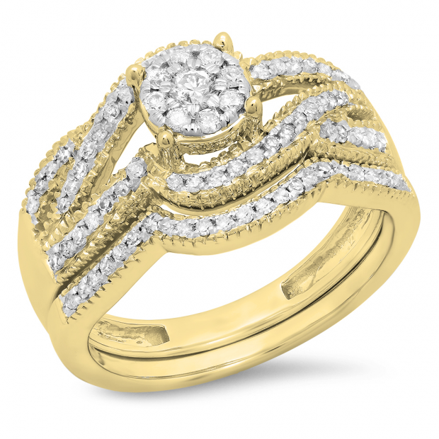 0.50 Carat (ctw) 18K Yellow Gold Round White Diamond Ladies Swirl Split Shank Bridal Cluster Engagement Ring Set 1/2 CT