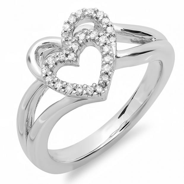 0.17 Carat (ctw) Sterling Silver Round White Diamond Ladies Promise Double Heart Love Split Shank Engagement Ring