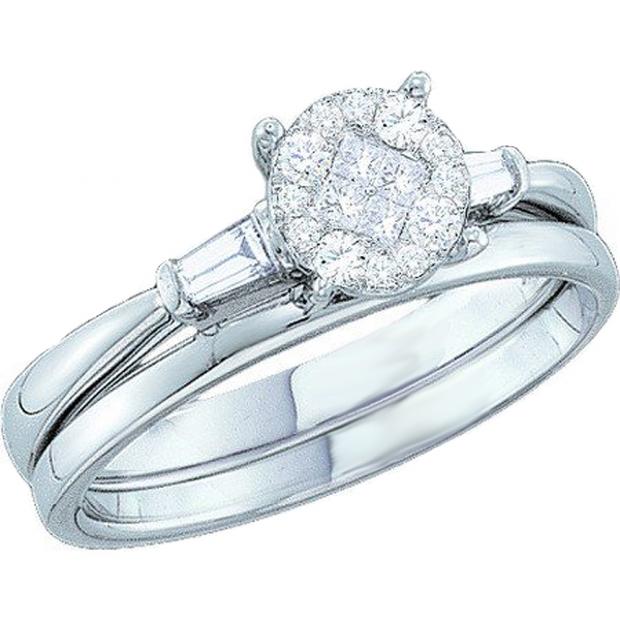 0.30 Carat (ctw) 10K White Gold Princess Round & Baguette White Diamond Ladies Engagement Ring Soliel Bridal Set 1/3 CT