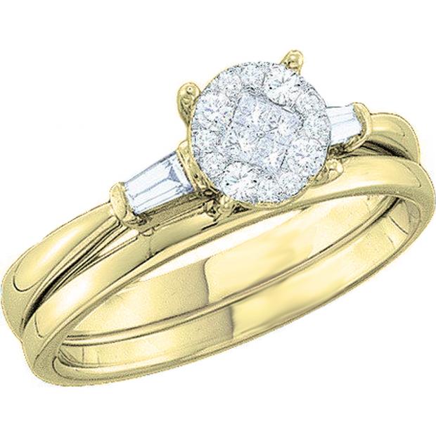 0.30 Carat (ctw) 10K Yellow Gold Princess Round & Baguette White Diamond Ladies Engagement Ring Soliel Bridal Set 1/3 CT